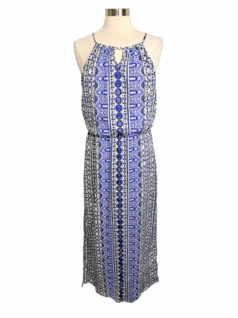 NWOT‎ JAPNA Coastal Boho Sleeveless Maxi Dress in Blue & White Print